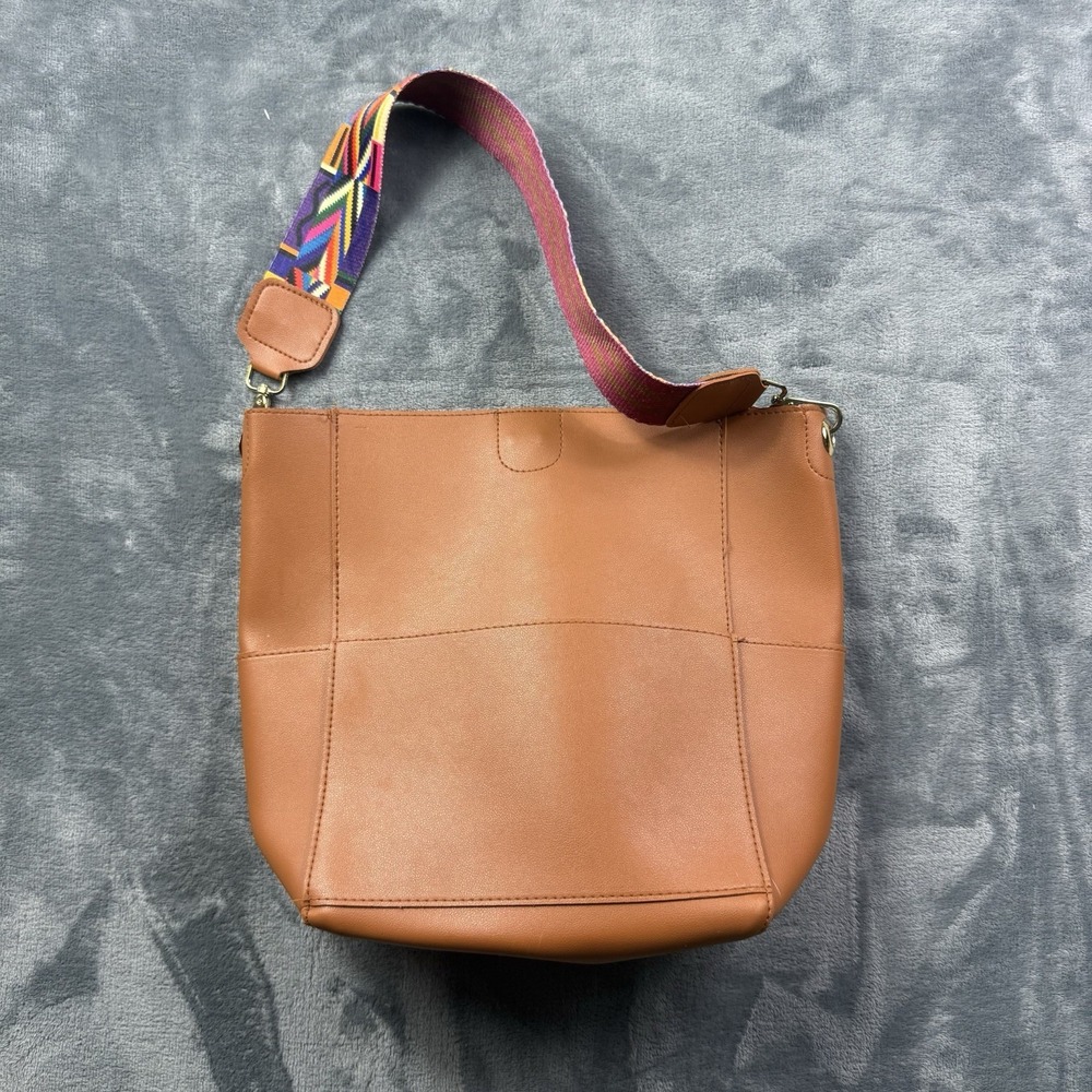 Threaded Pear Cognac Faux Leather Tote Bag Colorful Woven Strap Boho Purse - Picture 4 of 6